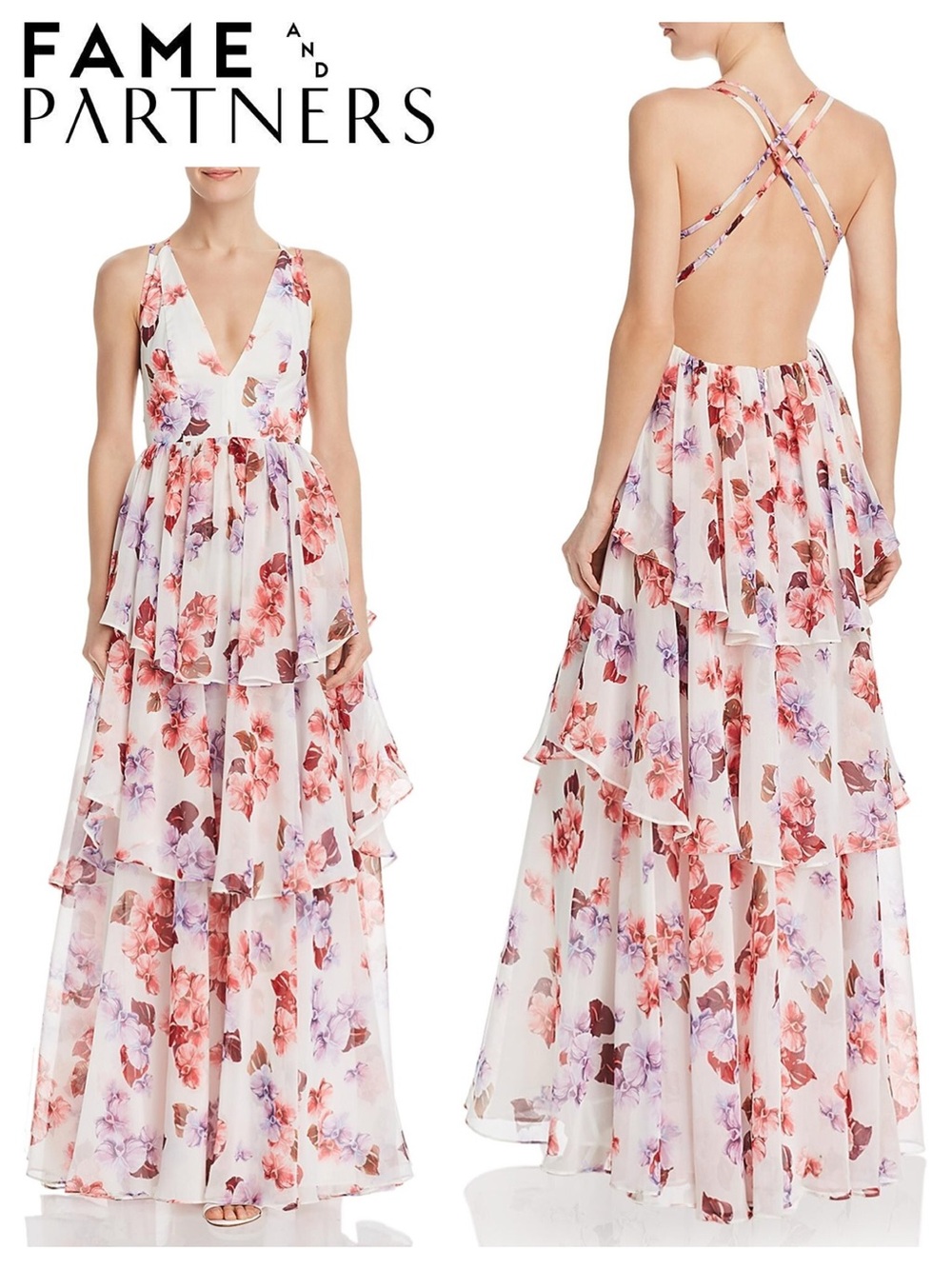 FAME and PARTNERS Floral-Print Strappy-Back Tiered Georgette Dress